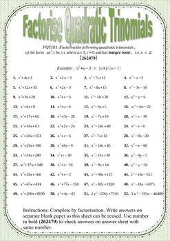 Preview of Factorise Quadratic Trinomials  Math Revision Book 262