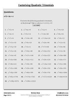 Preview of Factorise Quadratic Trinomials - Revision Book A 423