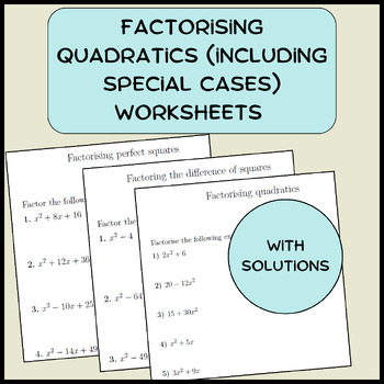 Preview of Factorising quadratics (including special cases) worksheets (with solutions)