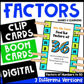 Preview of Factors Activity - Clip Cards, Math Boom Cards, Easel - Factors of Numbers to 50