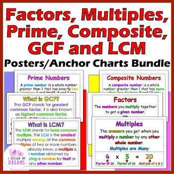 Preview of Factors, Multiples, GCF, LCM, Prime and Composite Posters Anchor Charts Bundle