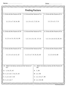 Factors, Multiples, Prime & Composite Numbers Worksheets by