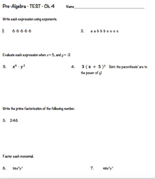 Preview of Factors and Fractions Pre-Algebra Chapter 4 Test Editable