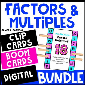 Preview of Factors and Multiples Activities Bundle: BOOM Cards, Clip Cards, TpT Digital