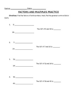 Preview of Factors and Multiples practice, test, homework, includes GCF and LCM common core