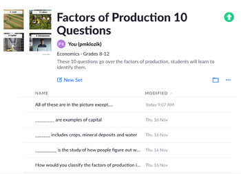 Preview of Factors of Production 10 Questions Plickers/Exit Ticket