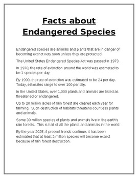 Facts About Endangered Species - Bar Graph and Data Analysis | TPT