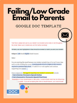 Preview of Failing / Low Grade Email Template | Google Doc | Email to Parents/Guardians