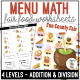 Fair Food Menu Math Addition & Division Worksheets