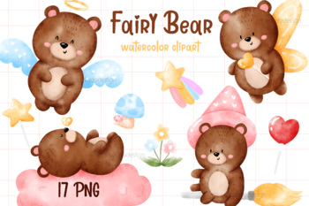 Preview of Fairy Bear Nursery Watercolor Clipart