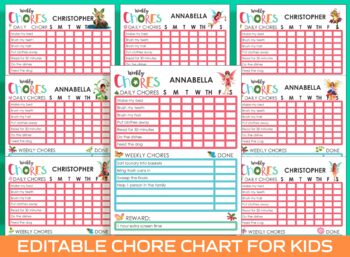 Preview of Fairy Chore Chart for Kids, Printable/Editable Chore Chart for Kids/Reward Chart