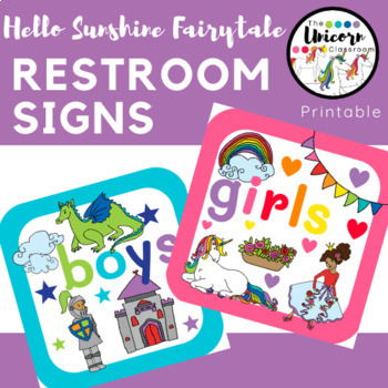 Preview of Fairy- Tale Girls and Boys Restroom Printable Signs in Rainbow Colors