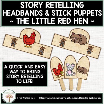 Preview of Fairy Tale Story Retelling Little Red Hen Headbands and Stick Puppets