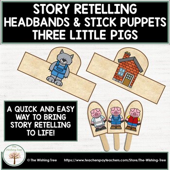 Preview of Fairy Tale Story Retelling Three Little Pigs Headbands and Stick Puppets