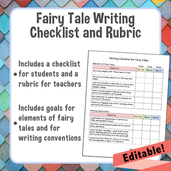 Preview of Fairy Tale Writing Student Checklist and Rubric *Editable*