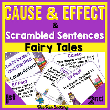 Preview of Cause and Effect Task Cards - Scrambled Sentences Activities - Fairy Tales