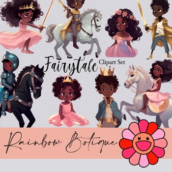 Preview of Fairytale Clipart Freebie, African american Princess clip art, knight, dragon