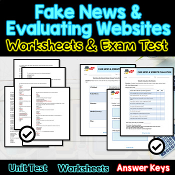 Preview of Fake News and Evaluating Websites Worksheets Test Quiz Assessments Bundle