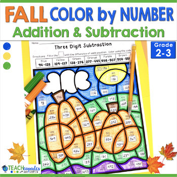 Preview of Fall Math Addition and Subtraction Color by Number Coloring Page Activities