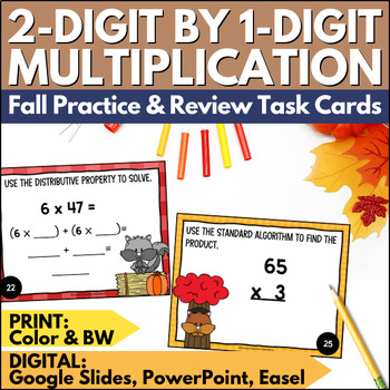 Preview of Fall 2 Digit by 1 Digit Multiplication Task Cards - Autumn Practice and Review