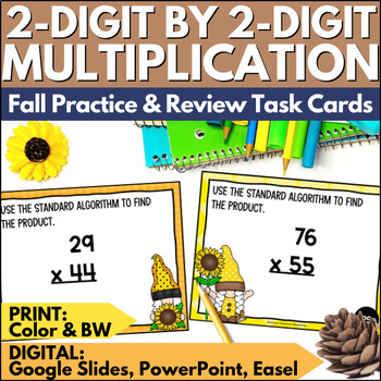 Preview of Fall 2 Digit by 2 Digit Multiplication Task Cards Practice Review w/ Box Method