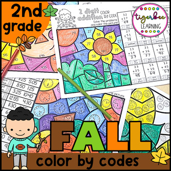 Preview of Fall math color by code worksheets: 2nd grade