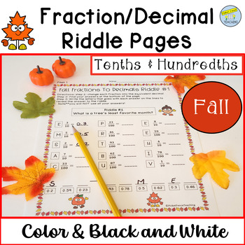 Preview of Fall 4th & 5th Grade Fractions to Decimals | Tenths to Hundredths Riddle Pages