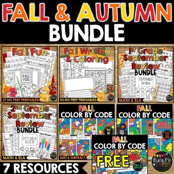 Preview of Fall Activities Autumn Fun BUNDLE No Prep Worksheets Color by Number and Writing