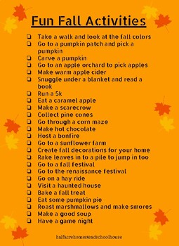 Fall Activities Checklist by Half-acre Homestead Schoolhouse | TPT