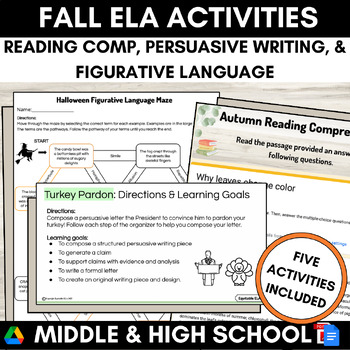 Preview of Fall Activities for Middle High School English: Autumn, Halloween, Thanksgiving