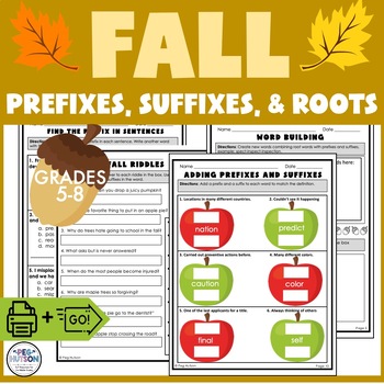 Preview of Fall Activities for Prefixes, Suffixes, & Root Words Morphology Grades 5-8