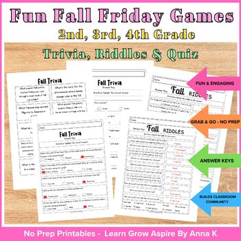 Fun fall trivia and riddles worksheets and activities for kids in 2nd, 3rd and 4th grades. 