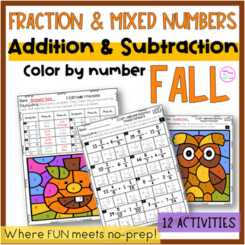 Preview of Fall Adding and Subtracting Fractions and Mixed Numbers Color by Number Practice