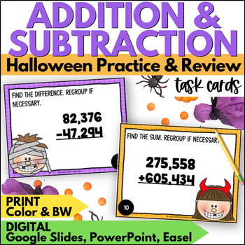 Preview of Halloween Addition and Subtraction Task Cards with regrouping - October Review