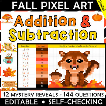 Preview of Fall Addition & Subtraction facts practice, Digital Back to School Pixel Art