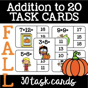 Preview of Fall Addition Within 20 Task Cards {4x6} for Math Centers