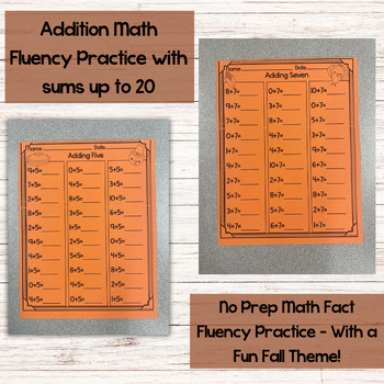 Preview of Fall Addition Worksheets, Addition Fact Fluency Within 20, No Prep Addition