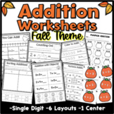 Fall Addition Worksheets  Kindergarten or First Math