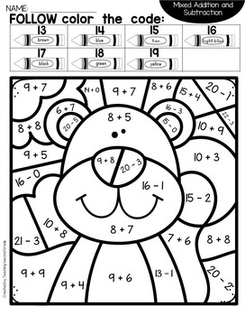 Fall Addition and Subtraction Coloring Worksheets by Teaching Second Grade
