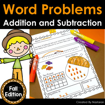 Preview of Fall Addition and Subtraction Word Problems Worksheets Within 20