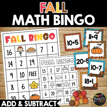 Preview of Fall Addition and Subtraction to 20 Math Bingo Game | Fact Fluency Practice