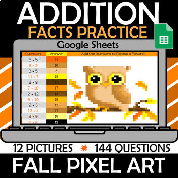 Preview of Fall Addition facts practice, Digital Back to School Pixel Art to add within 20