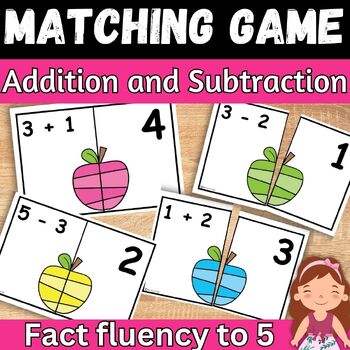 Preview of Fall Apple Math Addition and Subtraction within 5 Matching game for Kindergarten
