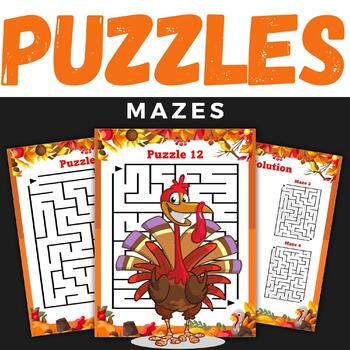 Preview of Fall Autumn Give thanks Mazes With Solutions - Fun October November Activities