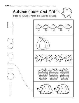 Fall Autumn Kindergarten Numbers to 5 Count and Match Printable Worksheets