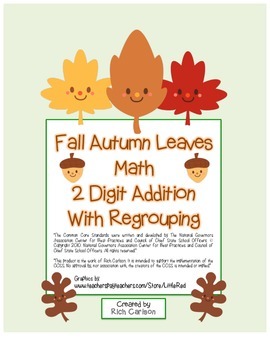 Preview of Fall Autumn Leaves - Fall 2 Digit Addition With Regrouping (color & black line)