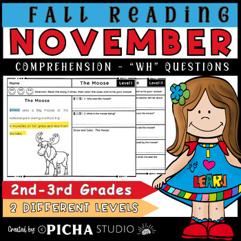 Preview of Fall Autumn November Reading comprehension passages with WH questions (Leveled)