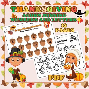Preview of Fall/Autumn / Thanksgiving Math and Literacy : Acorn Missing Numbers and letters