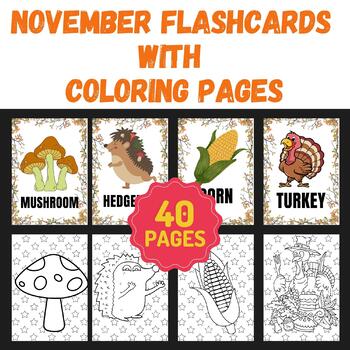 Preview of Fall Autumn Vocabulary Flashcards With Coloring November Activities For Toddlers