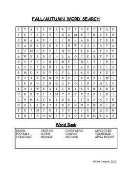 Fall/Autumn Word Search by Kelli Garguilo | TPT